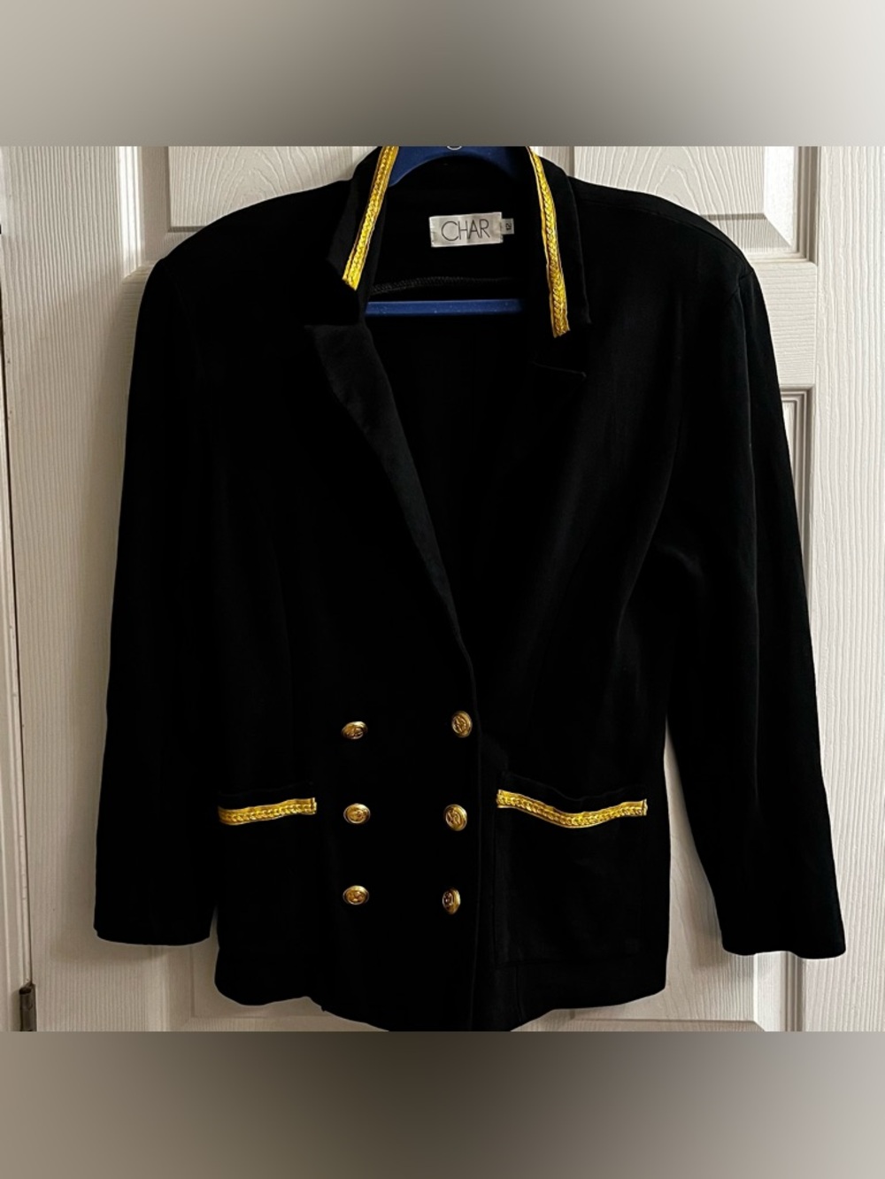 CHAR ~ BLACK DOUBLE BREASTED GOLD TRIM BLAZER ~ 12